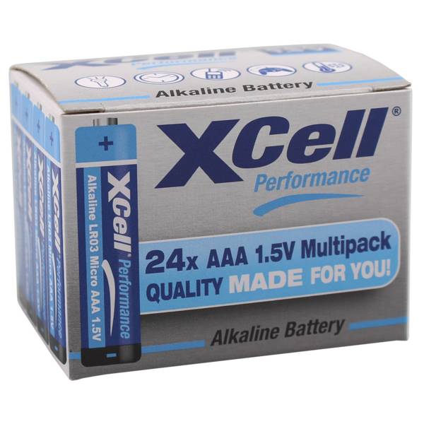 Eine Schachtel XCell Performance Alkalibatterien, 24er AAA 1,5V Multipack, mit der Aufschrift „Qualität für Sie gemacht.