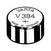 »Varta V384« Knopfzellenbatterie mit Pluszeichen, beschriftet »Made in Germany.«