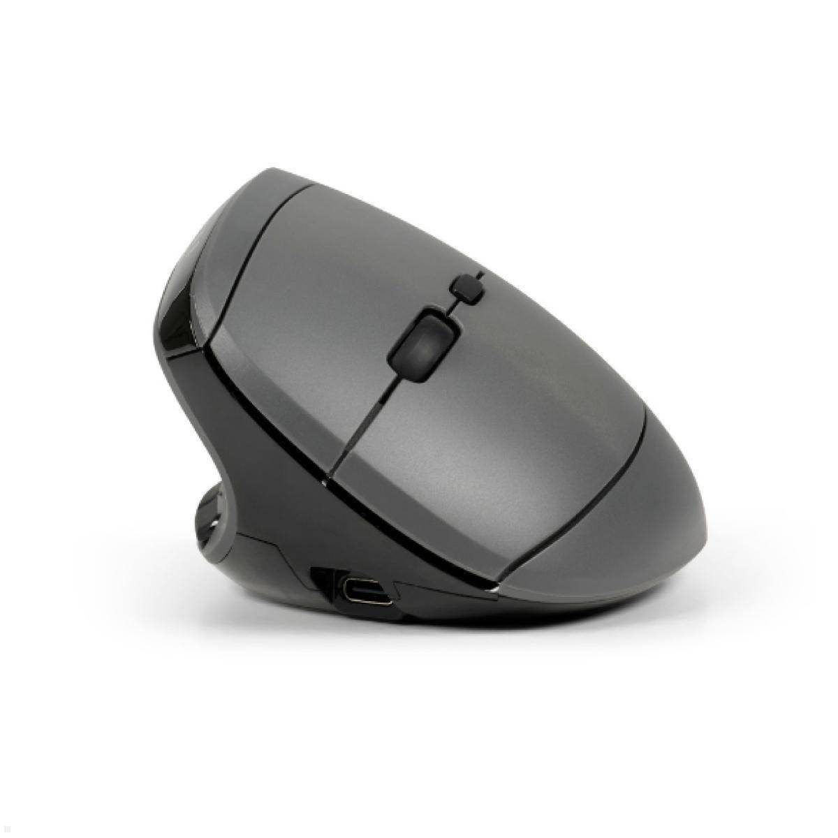 BakkerElkhuizen MidWay mouse Left, Linkshändig, Vertikale Ausführung, Optisch, RF Wireless + Bluetooth + USB Type-C, 2400 DPI, Grau, Schwarz