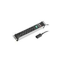 Eine schwarze und silberne industrielle Steckerleiste mit sechs Steckdosen, einem digitalen Display und einem angeschlossenen Kabel mit einem rechteckigen Stecker.