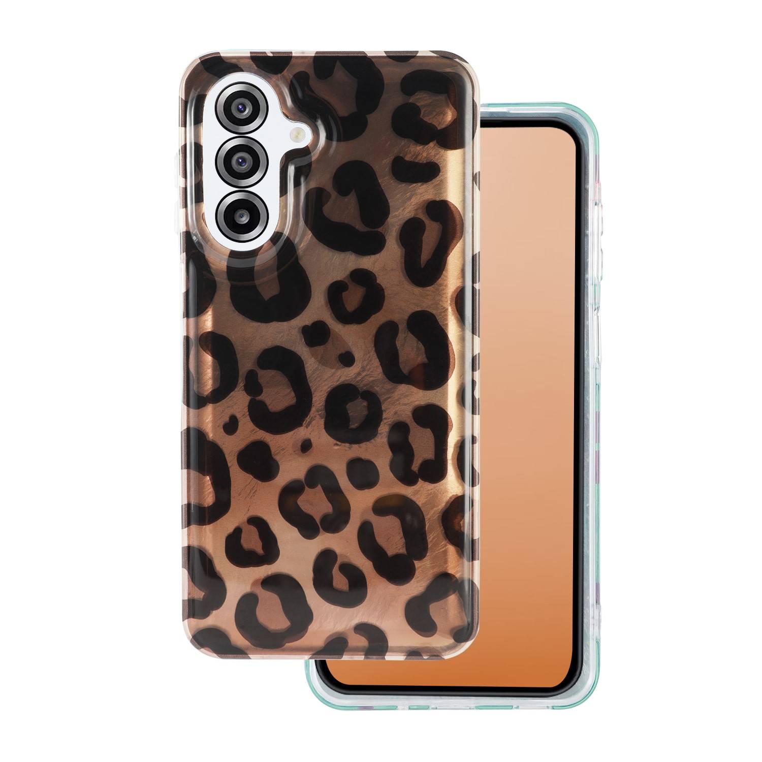 Smartphone mit Leoparden-Muster-Hülle, mit drei Kameras auf der Rückseite und einem reflektierenden Bildschirm auf der Vorderseite.