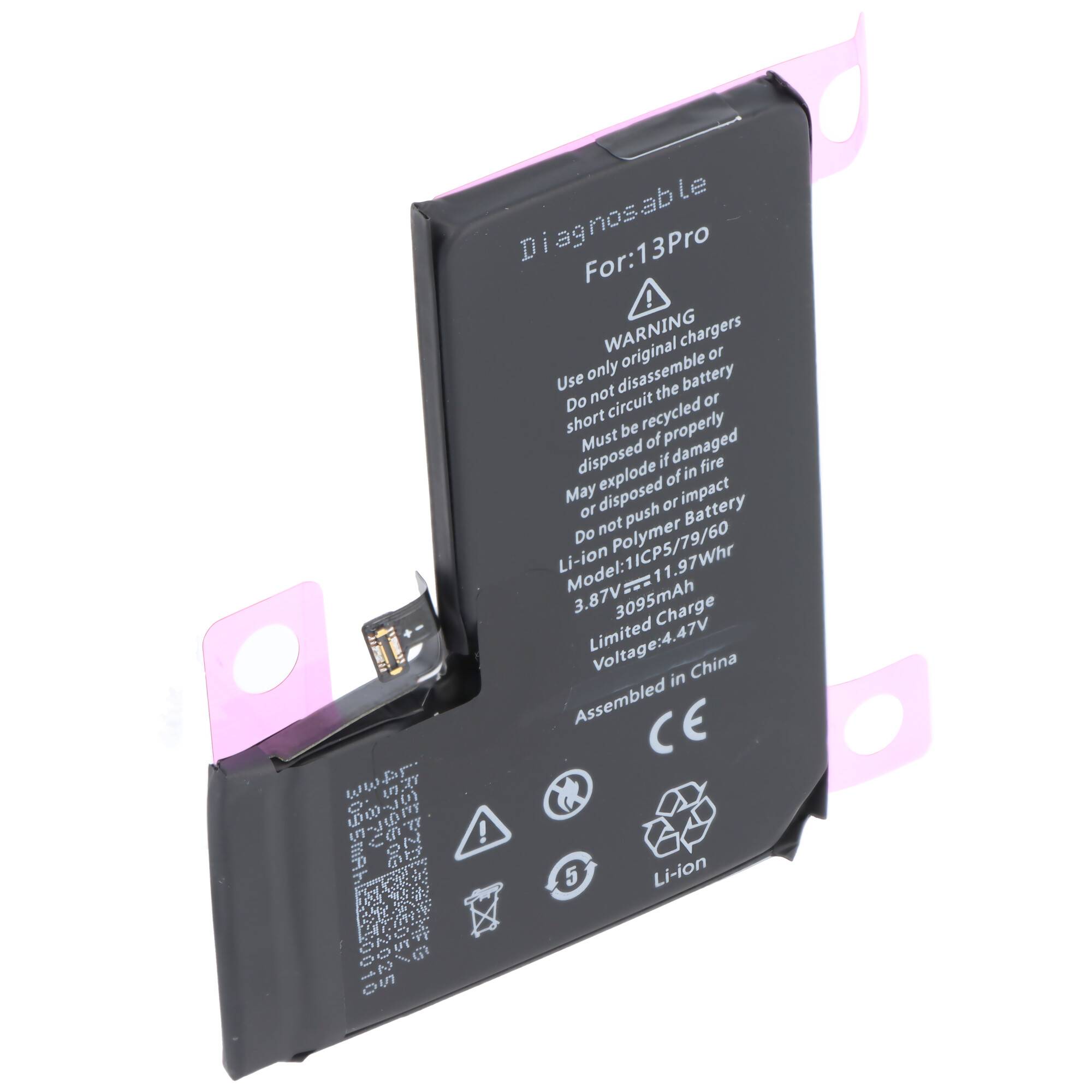 Eine schwarze Lithium-Ionen-Batterie mit der Kennzeichnung Für: 13Pro, mit Sicherheitswarnungen und Recycling-Symbolen. In China zusammengebaut.