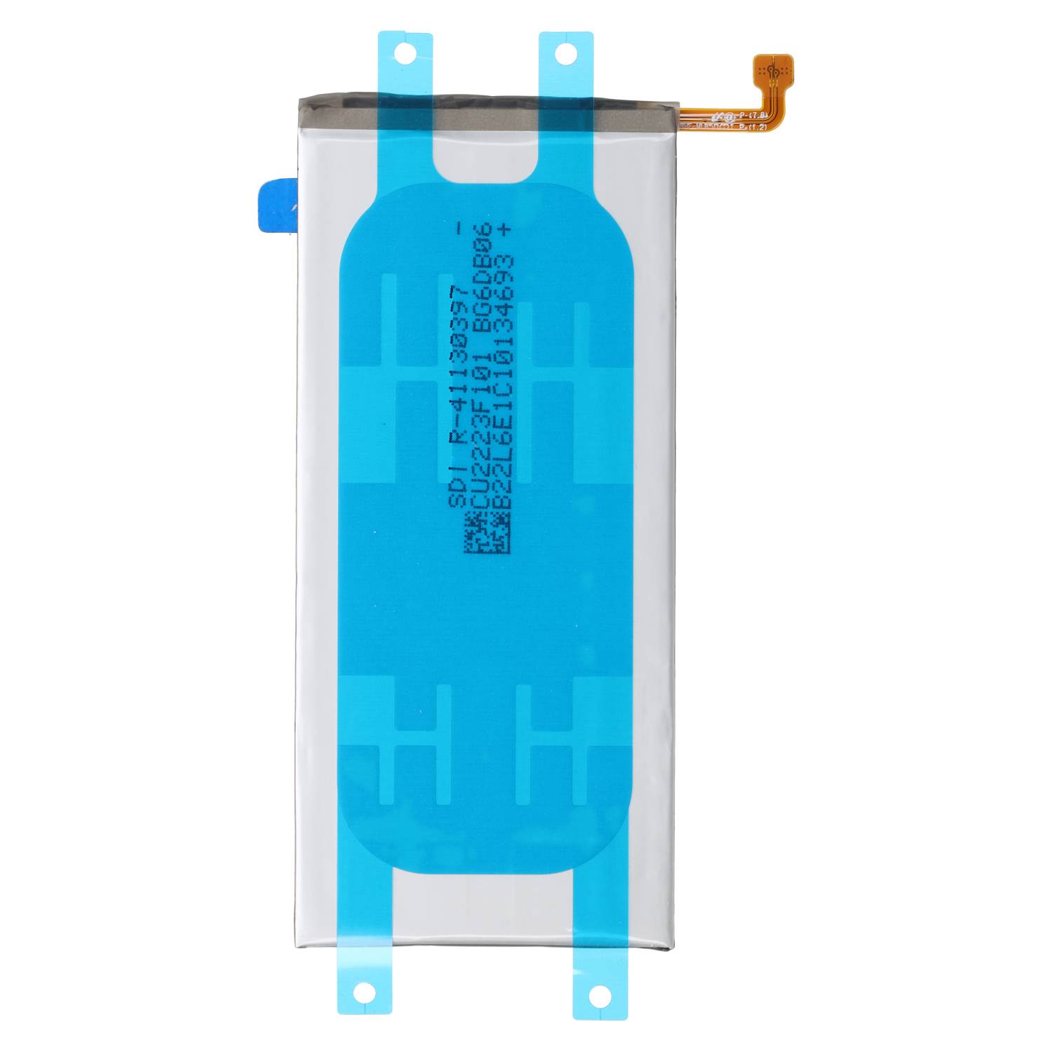 Lithium-Ionen-Batterie mit blauem Schutzband und orangefarbigem Flexverbinder oben, konzipiert für ein spezifisches elektronisches Gerät.