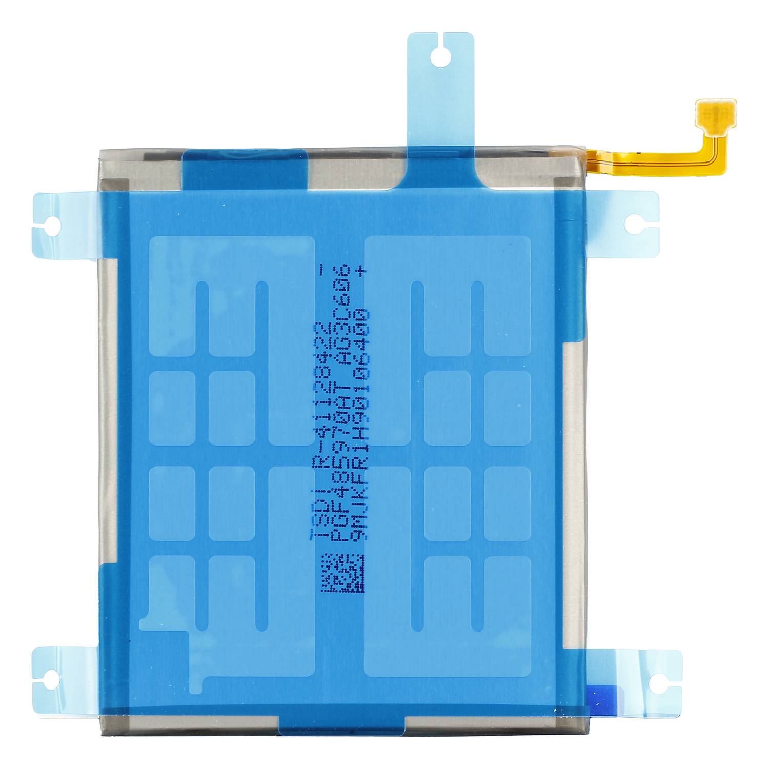 Ein blauer Lithium-Ionen-Akku mit einem gelben Stecker, bei dem mehrere rechteckige Zellen unter einer transparenten Abdeckung sichtbar sind.