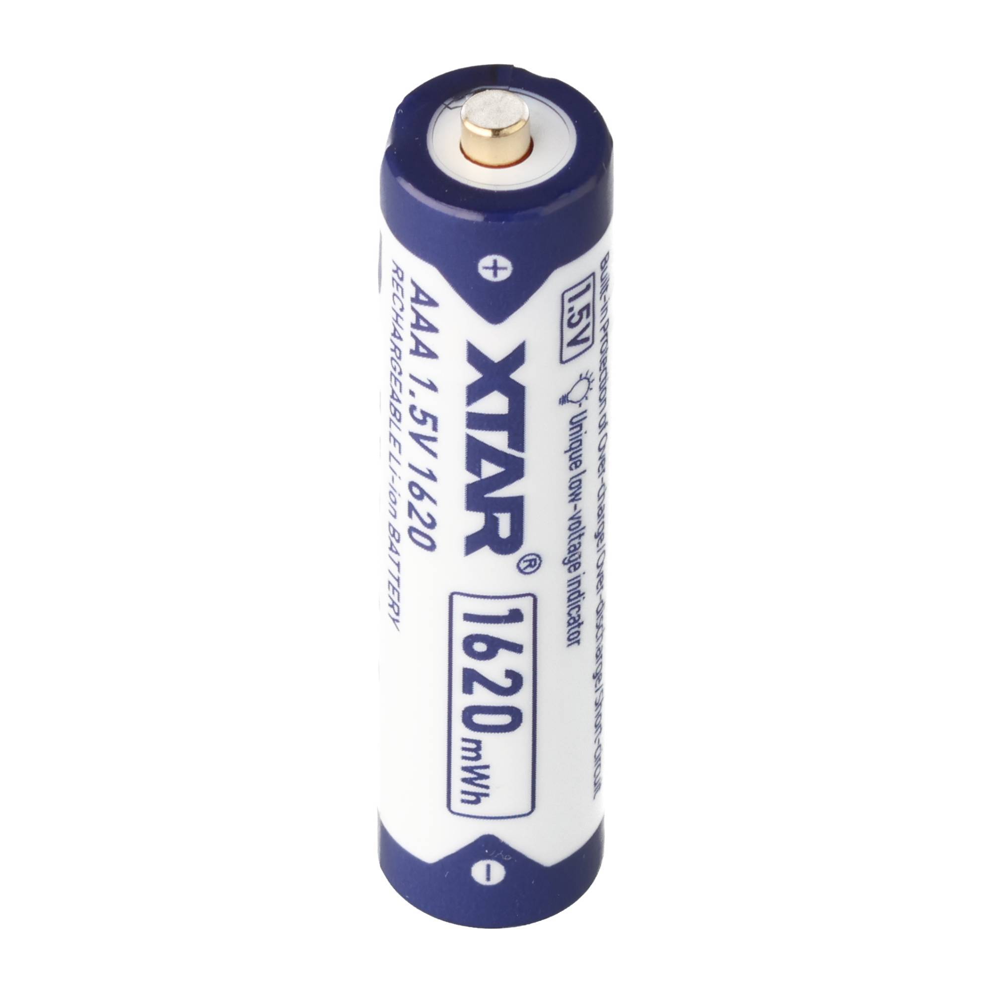 Eine einzelne wiederaufladbare Xtar-AAA-Batterie, aufrecht auf weißem Hintergrund abgebildet, mit der Bezeichnung 1,5V und 1620mWh.