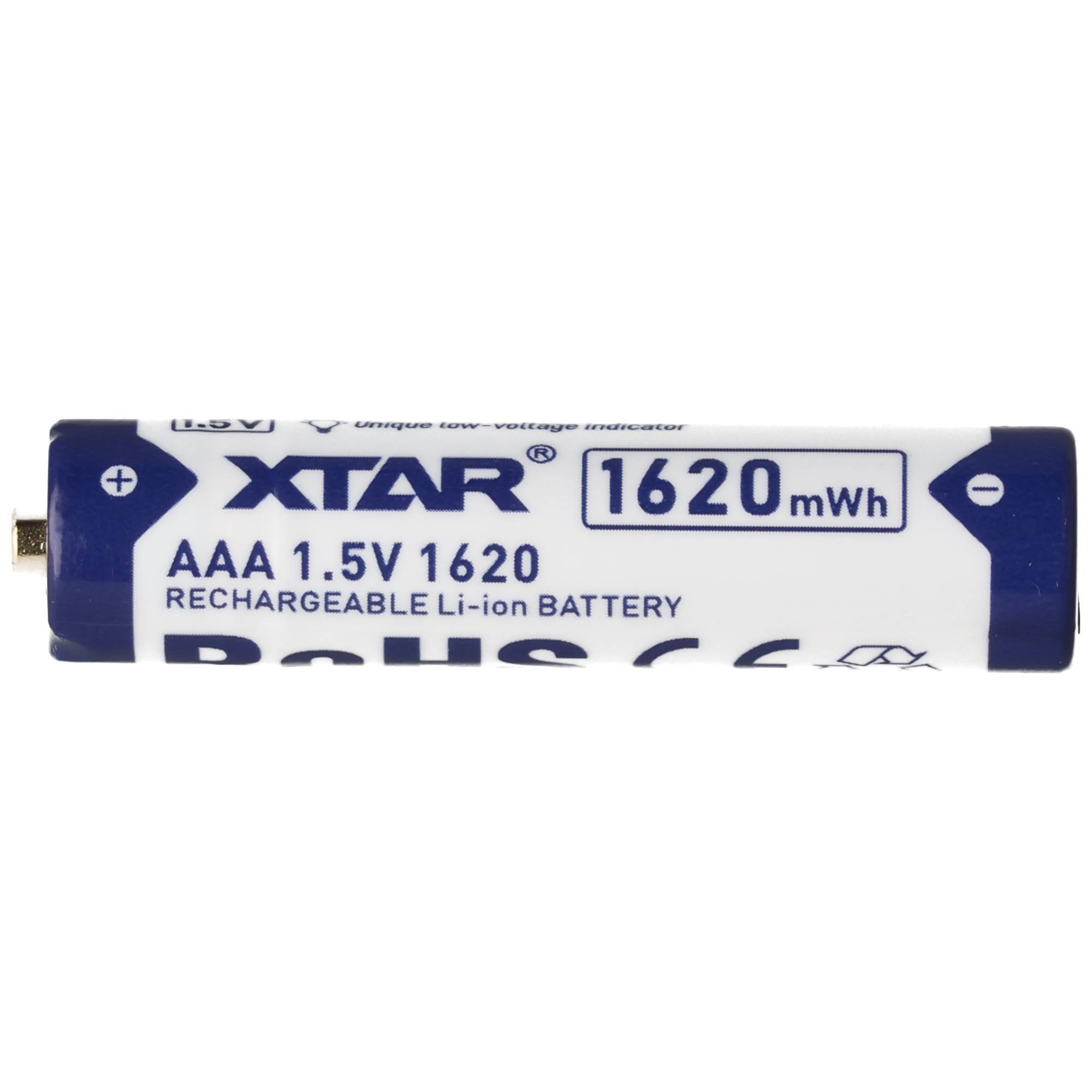 Eine Nahaufnahme einer XTAR AAA 1,5V wiederaufladbaren Lithium-Batterie mit der Bezeichnung „1620mWh".