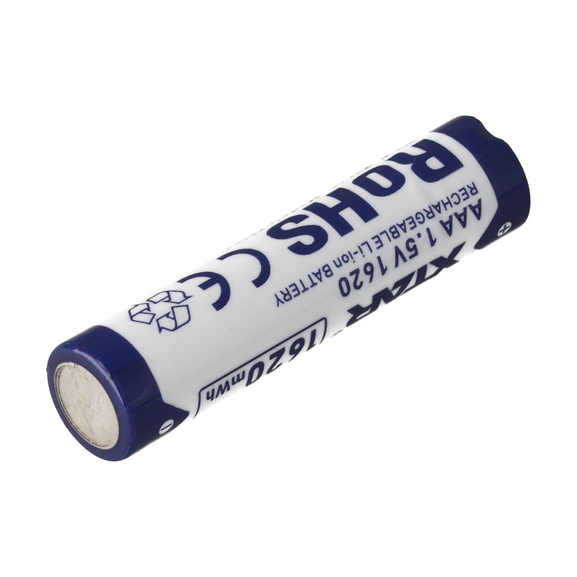 AA-Akku 1,5V 1620 mit blau-weißem Gehäuse auf weißem Hintergrund.