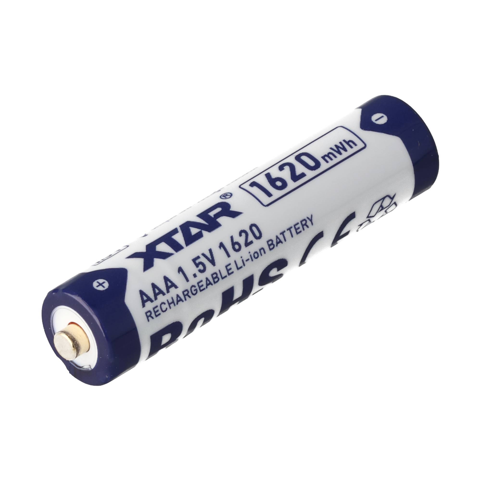 Einzelne wiederaufladbare AA-Lithium-Ionen-Batterie mit der Bezeichnung „1620 mWh" auf weißem Hintergrund.