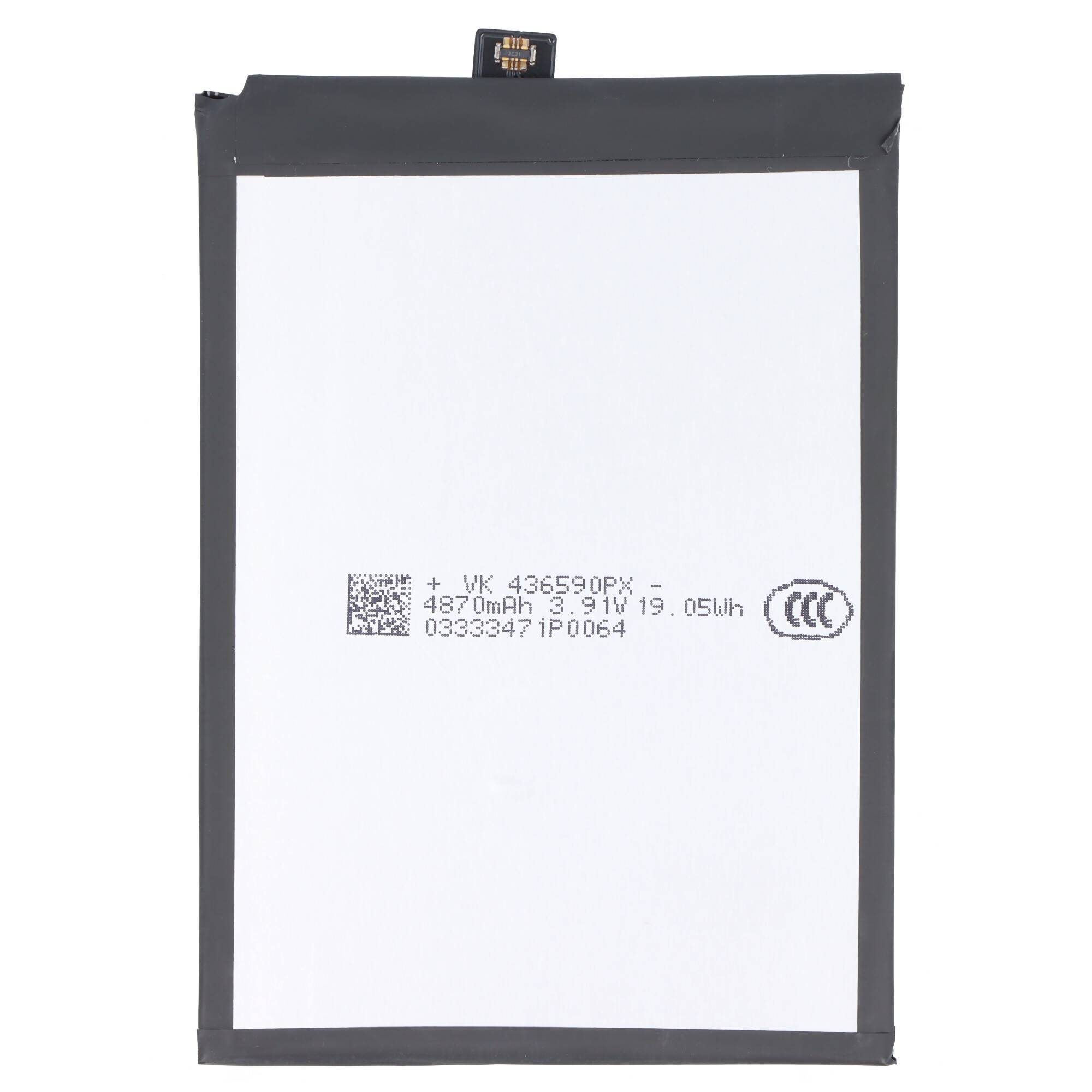 Ein schwarzes und weißes Smartphone-Akku mit den Spezifikationen: „4870mAh, 3,91V, 19,05Wh
