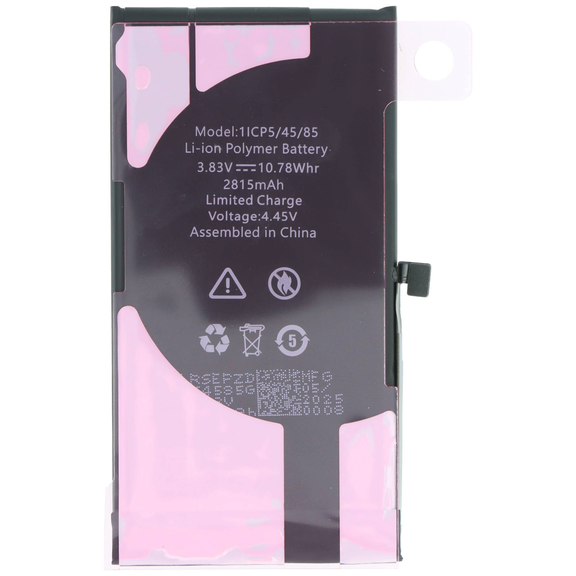 Ein Lithium-Polymer-Akku mit folgenden Spezifikationen: 3,83V, 10,78Wh, 2815mAh. Maximale Ladespannung 4,45V. Modell: 1ICP5/45/85. Hergestellt in China.