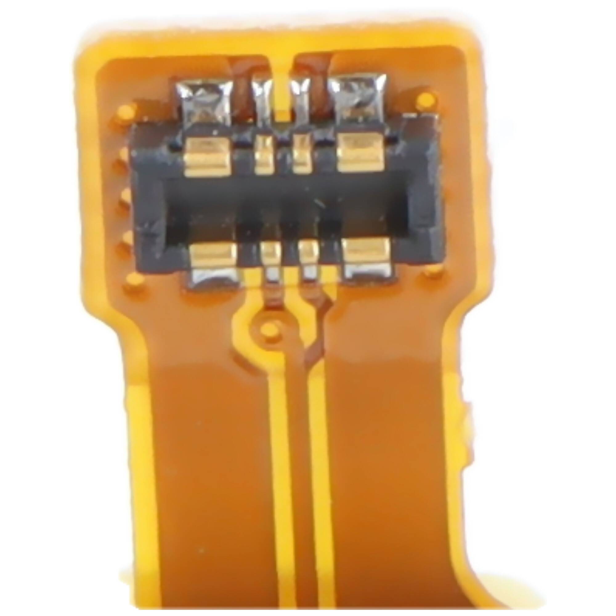 Eine Nahaufnahme eines kleinen orangefarbenen Schaltungsverbinders mit mehreren metallischen Stiften, der für elektronische Verbindungen auf einer flexiblen Leiterplatte verwendet wird.