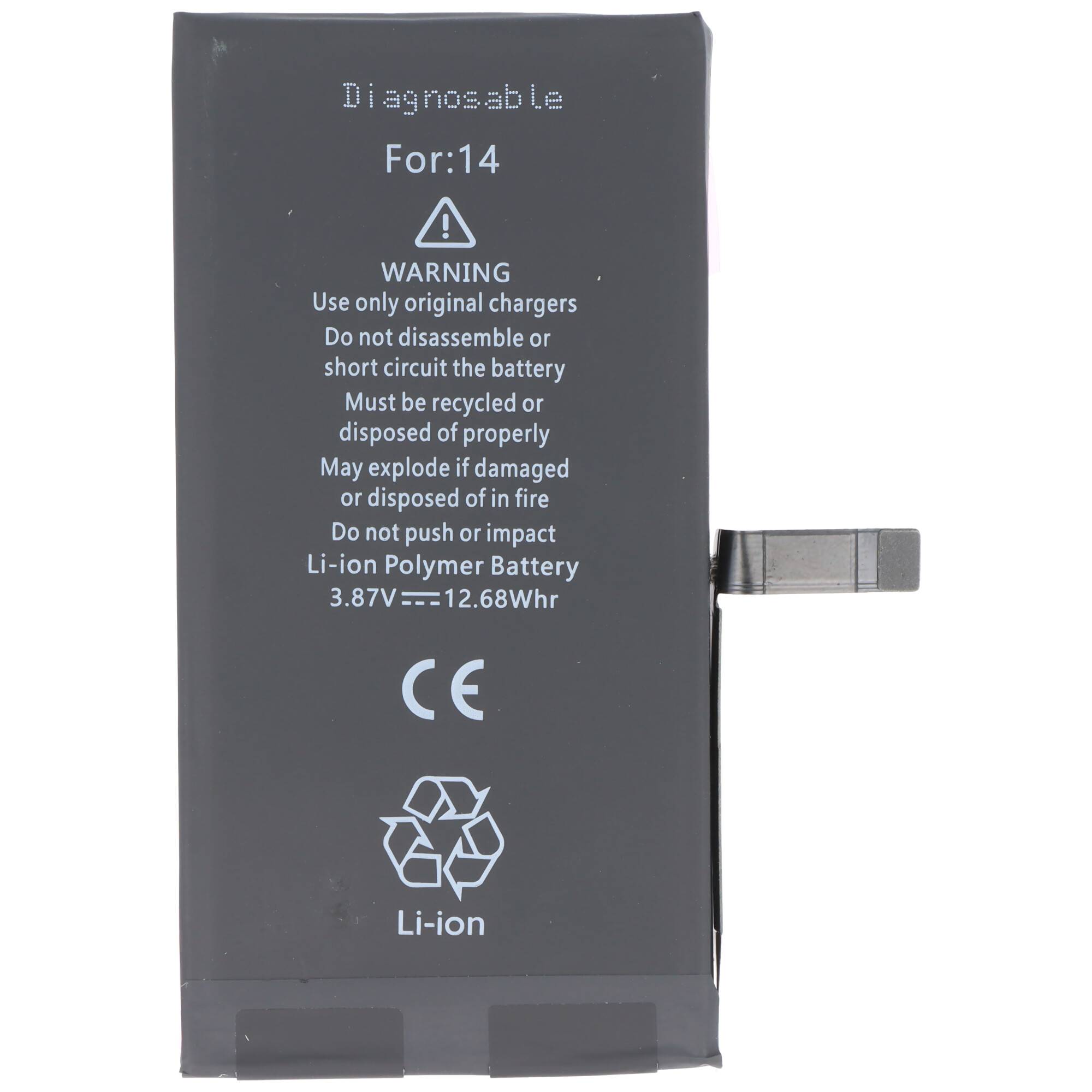 Diagnostizierbar' Lithium-Ionen-Batterie mit der Bezeichnung 'Für:14.' Enthält Sicherheitswarnungen zu ordnungsgemäßem Laden und Entsorgung.