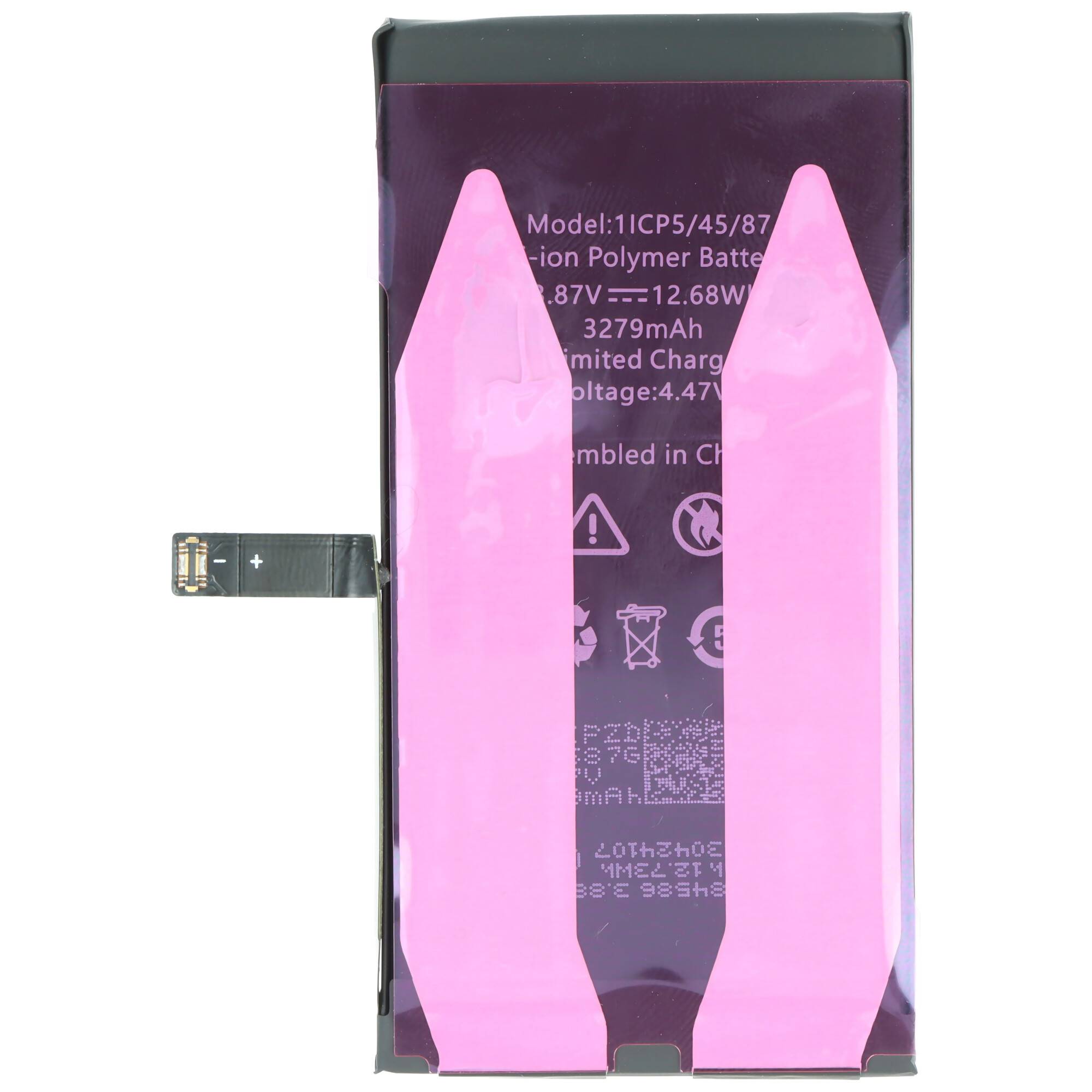 Li-Ionen-Polymer-Akku, 3,87V, 3279mAh Kapazität, schwarz mit rosa Streifen, in China montiert.