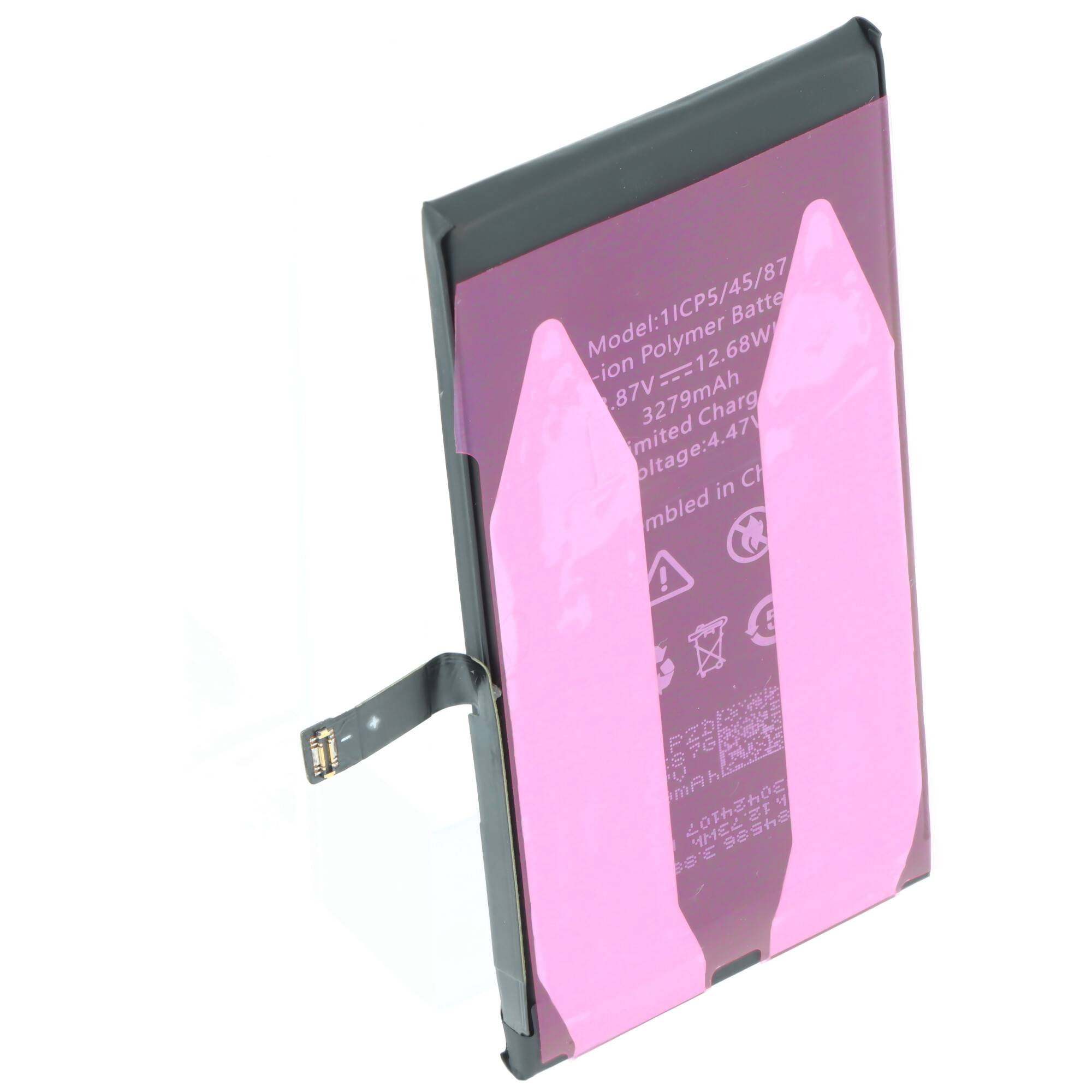 Rechteckiger Lithium-Polymer-Akku mit flexiblem Kabel, mit Sicherheits- und Modellinformationen auf einer Seite bedruckt, rosa Schutzfolie.