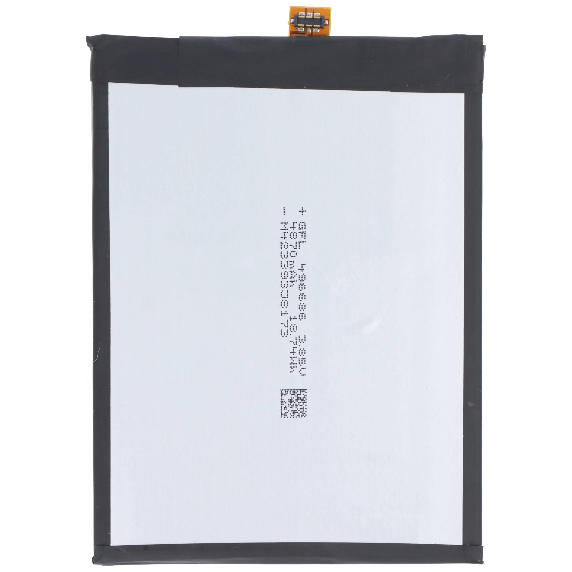 Rechteckige Lithium-Polymer-Batterie, schwarzer Rand mit einem orangefarbigen Steckerstreifen oben, zeigt Spezifikationen und Herstellungsdetails an.