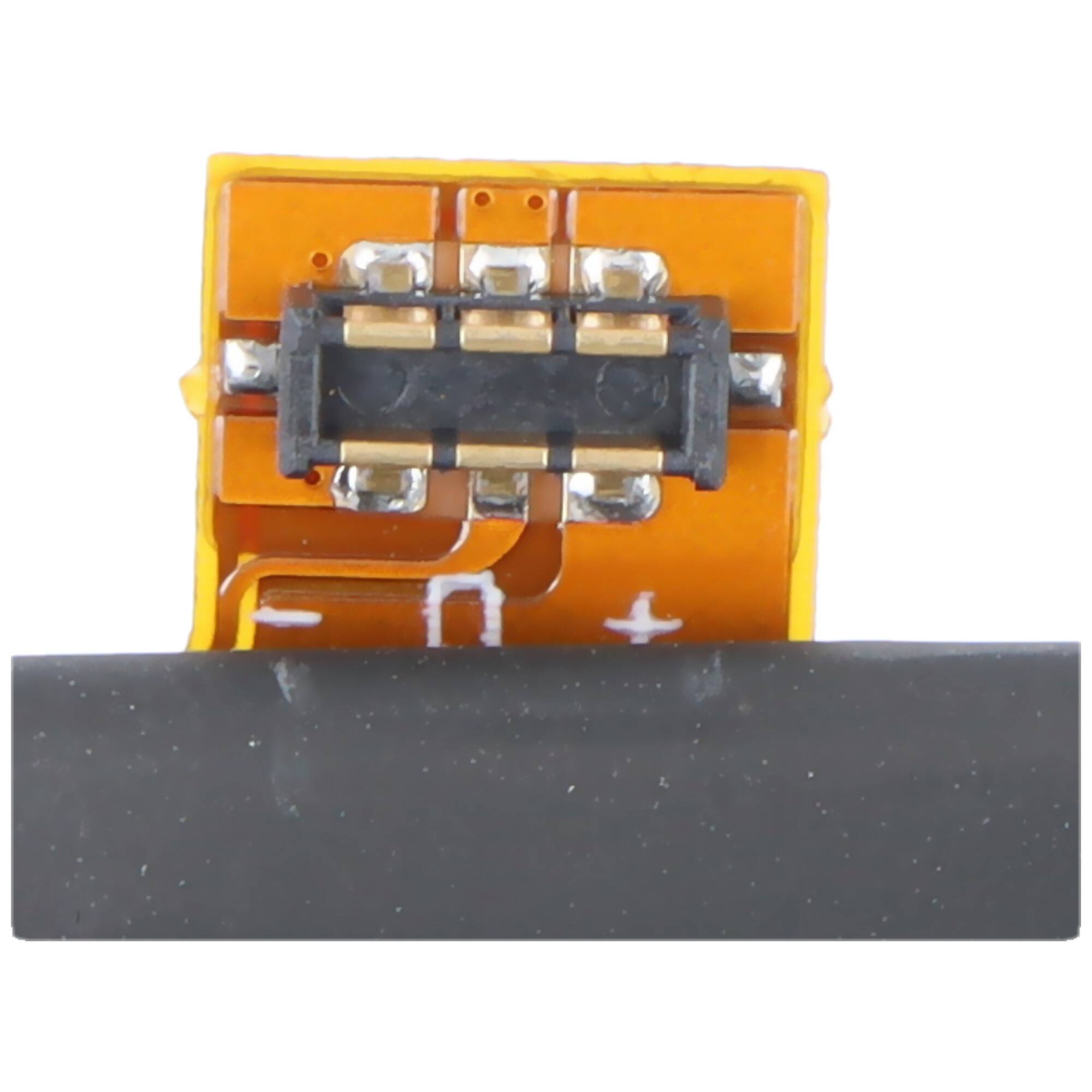 Nahaufnahme einer elektronischen Komponente mit einer gelben Schaltung und Metallverbindern, montiert auf einer schwarzen Basis.