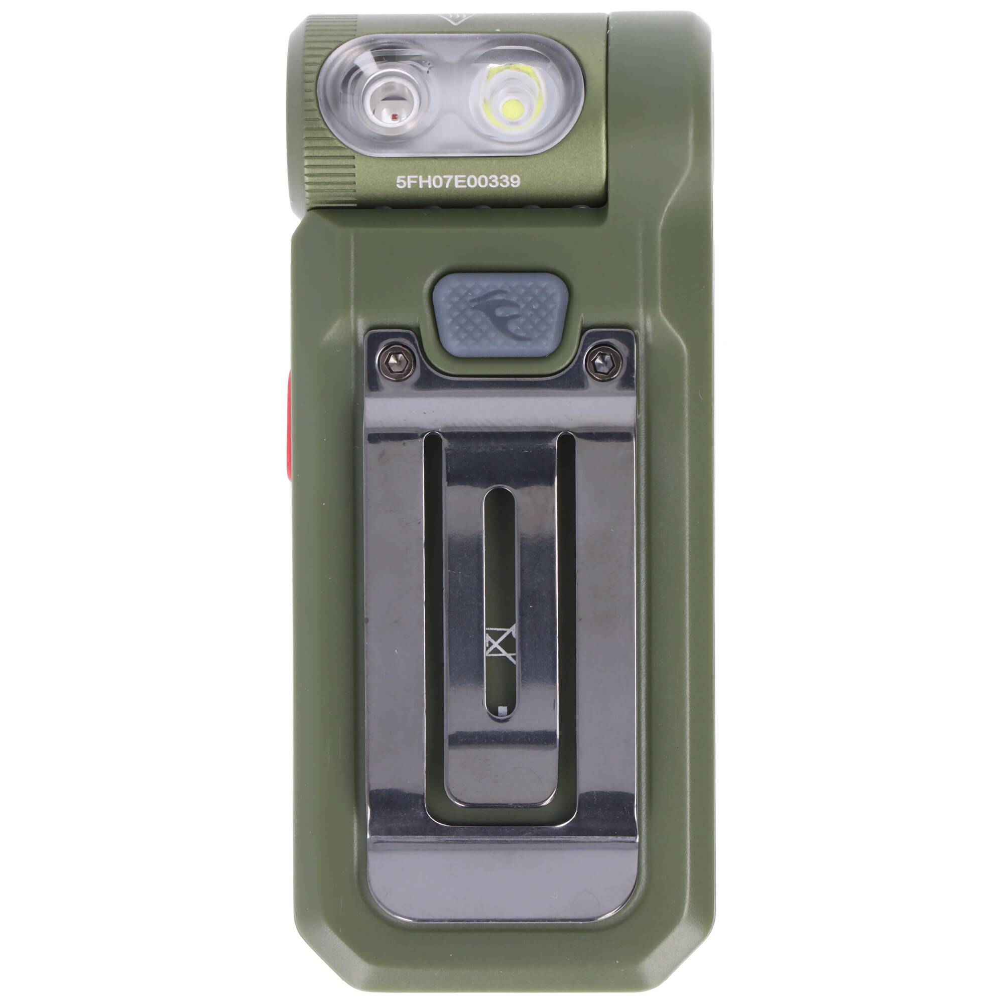 Eine grüne Taschenlampe mit rechteckigem Gehäuse und zwei LED-Leuchten oben. Sie verfügt über einen Clip an der Vorderseite und einen strukturierten Schalter zur Bedienung.