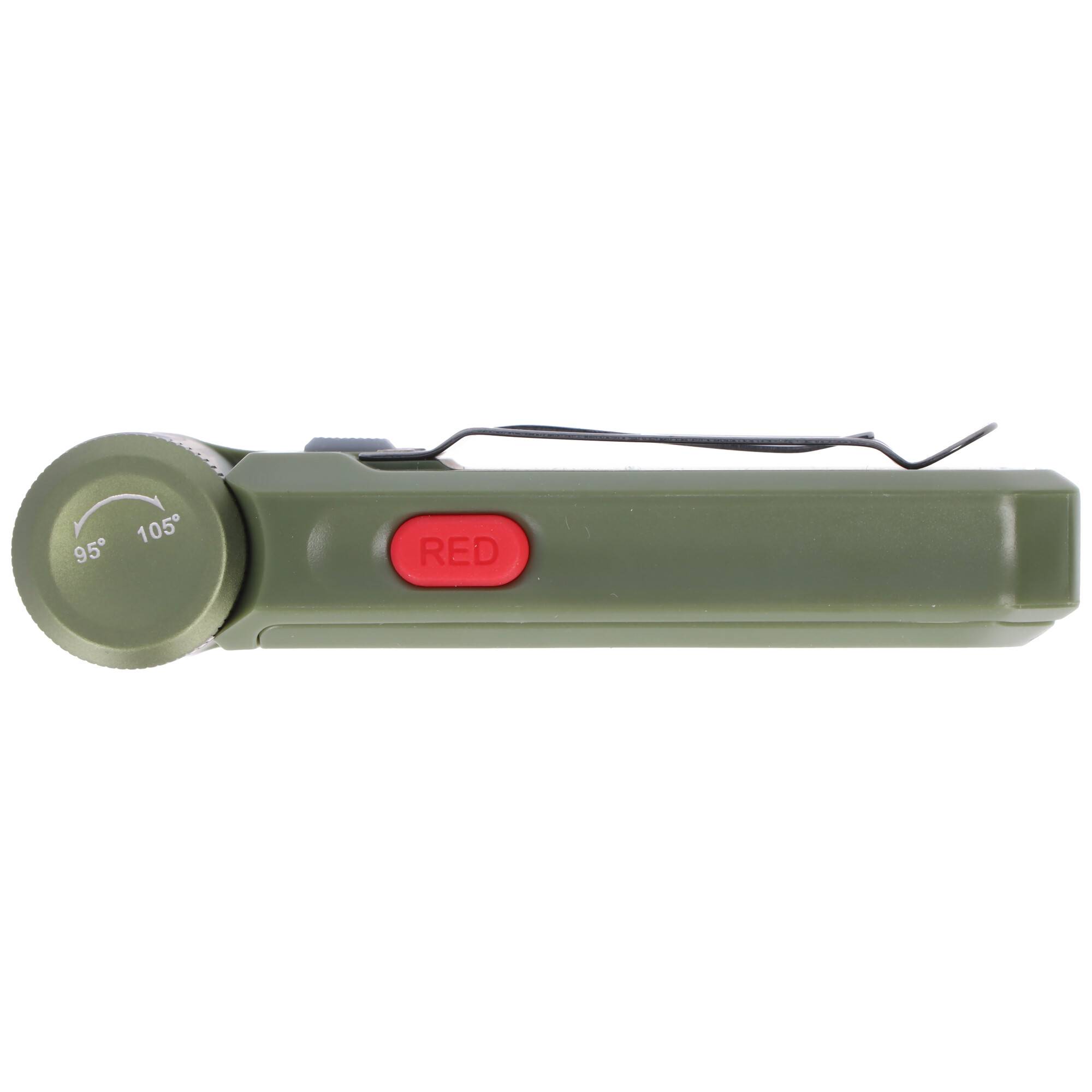 Eine olivgrüne Taschenlampe mit einem drehbaren Kopf, auf dem '95°' und '105°' gekennzeichnet sind. An der Seite befindet sich ein roter Knopf mit der Bezeichnung 'ROT'.