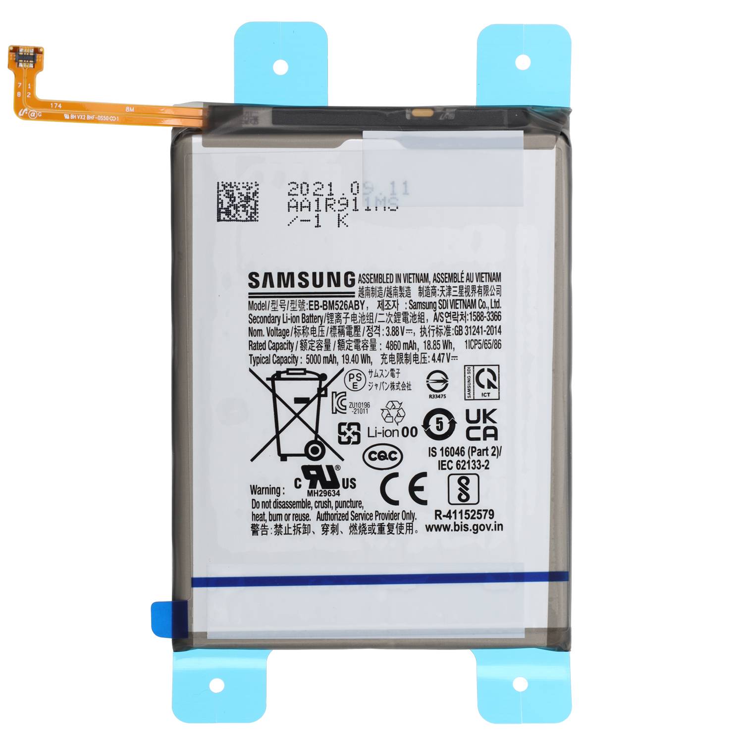 Ersatzbatterie für Samsung-Gerät, Modell EB-BM436ABY, mit Stecker und aufgedruckten Spezifikationen, konzipiert zur Verwendung mit verschiedenen Modellen.