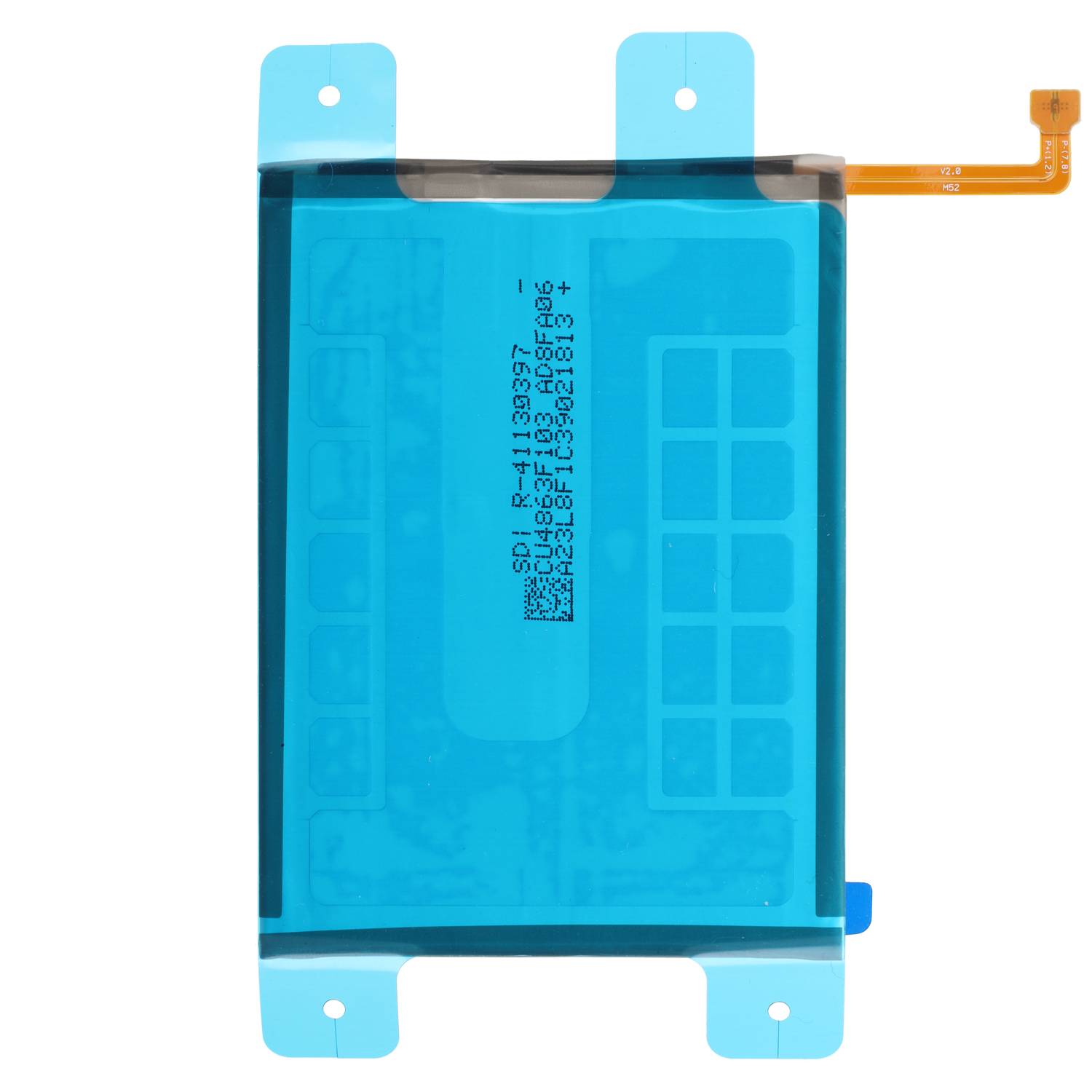 Ein blaues Batteriepack mit einer flexiblen orangefarbenen Anschlusslasche, die sich von der oberen rechten Seite erstreckt, mit technischen Spezifikationen auf der Oberfläche.