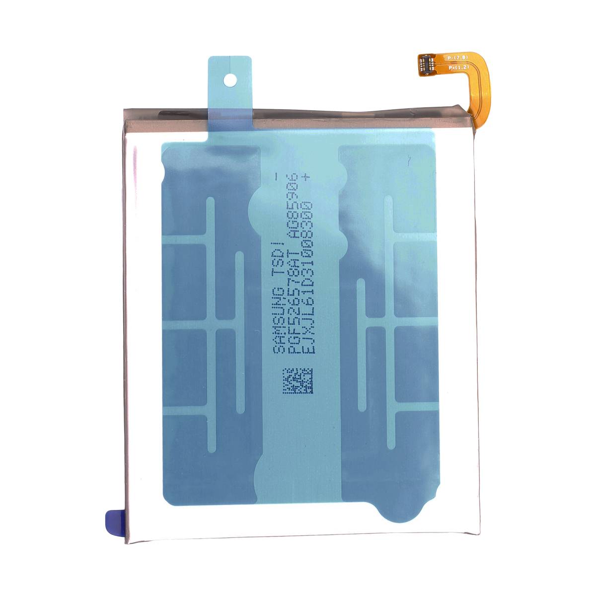 Eine flache, rechteckige Batterie mit einem blauen Design auf der Vorderseite und einer orangefarbenen Anschlusslasche oben rechts, die in elektronischen Geräten verwendet wird.