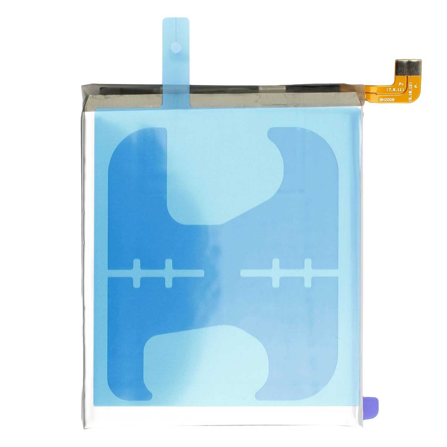 Ein rechteckiger Smartphone-Akku mit einer sichtbaren NFC-Antennenschleife, die blau umrissen ist. Ein orangefarbener Stecker befindet sich in der oberen rechten Ecke.