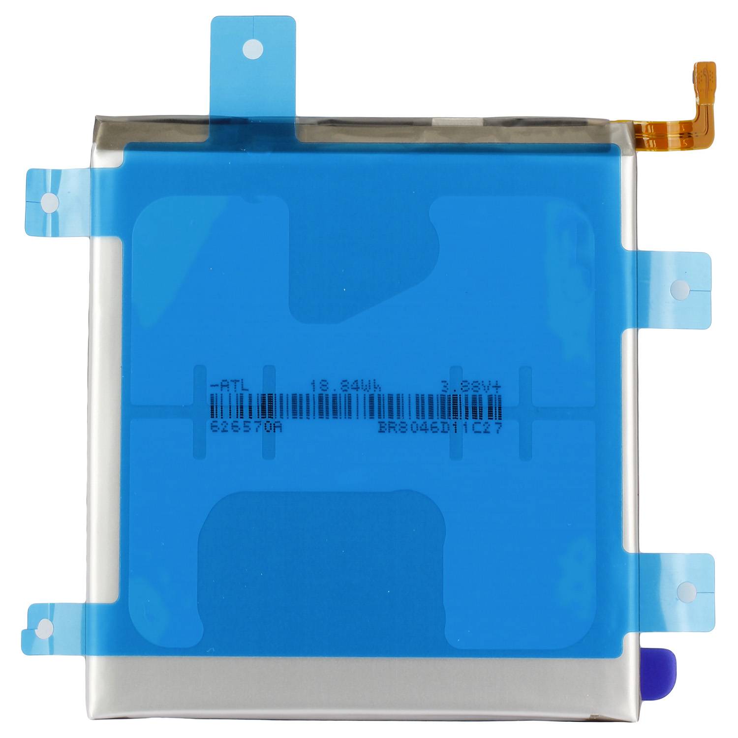 Eine rechteckige Lithium-Polymer-Batterie mit blauem Schutzfilm und einem orangefarbenen Flexkabel in der oberen rechten Ecke.