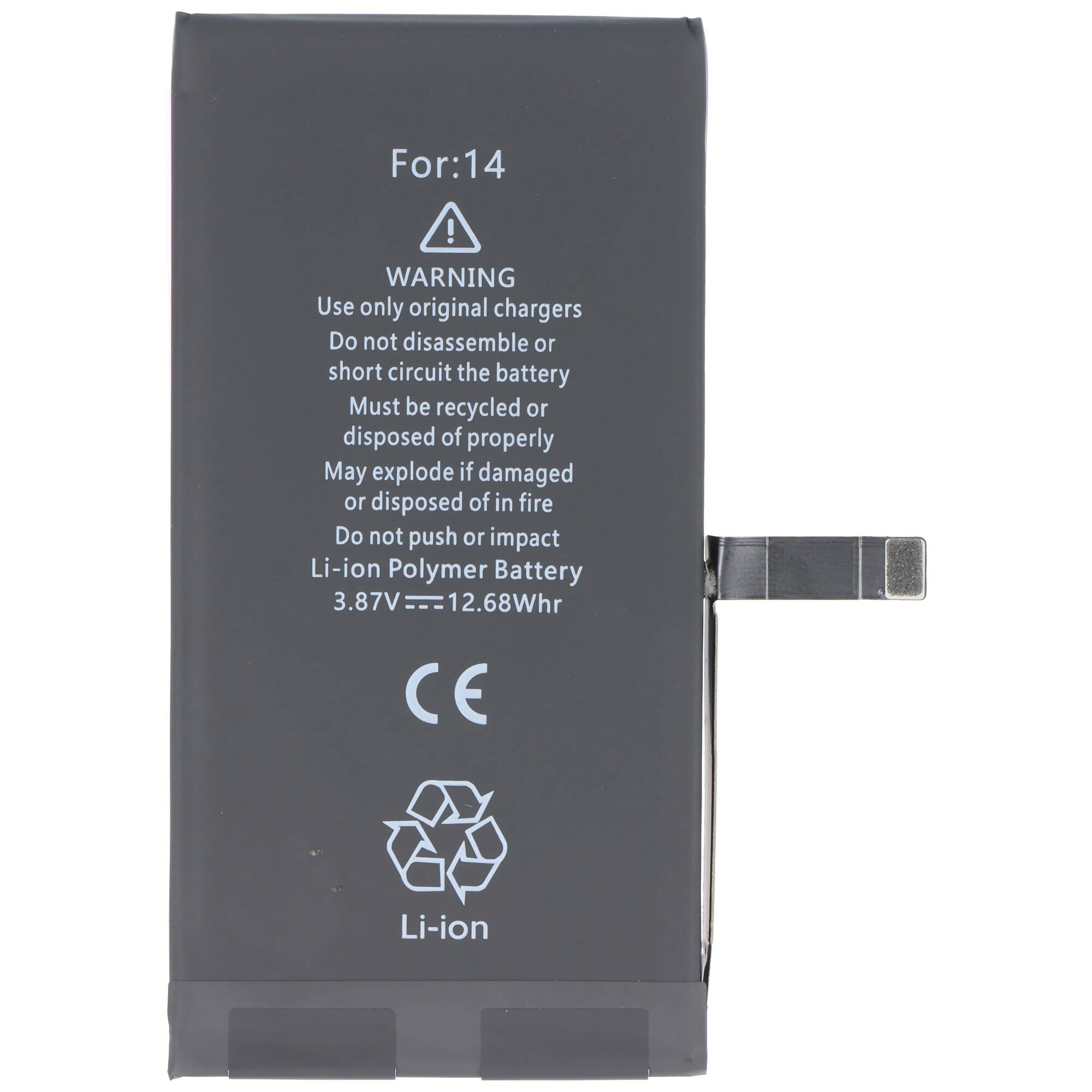 Eine schwarze Li-Ionen-Polymer-Batterie mit der Aufschrift „Für: 14