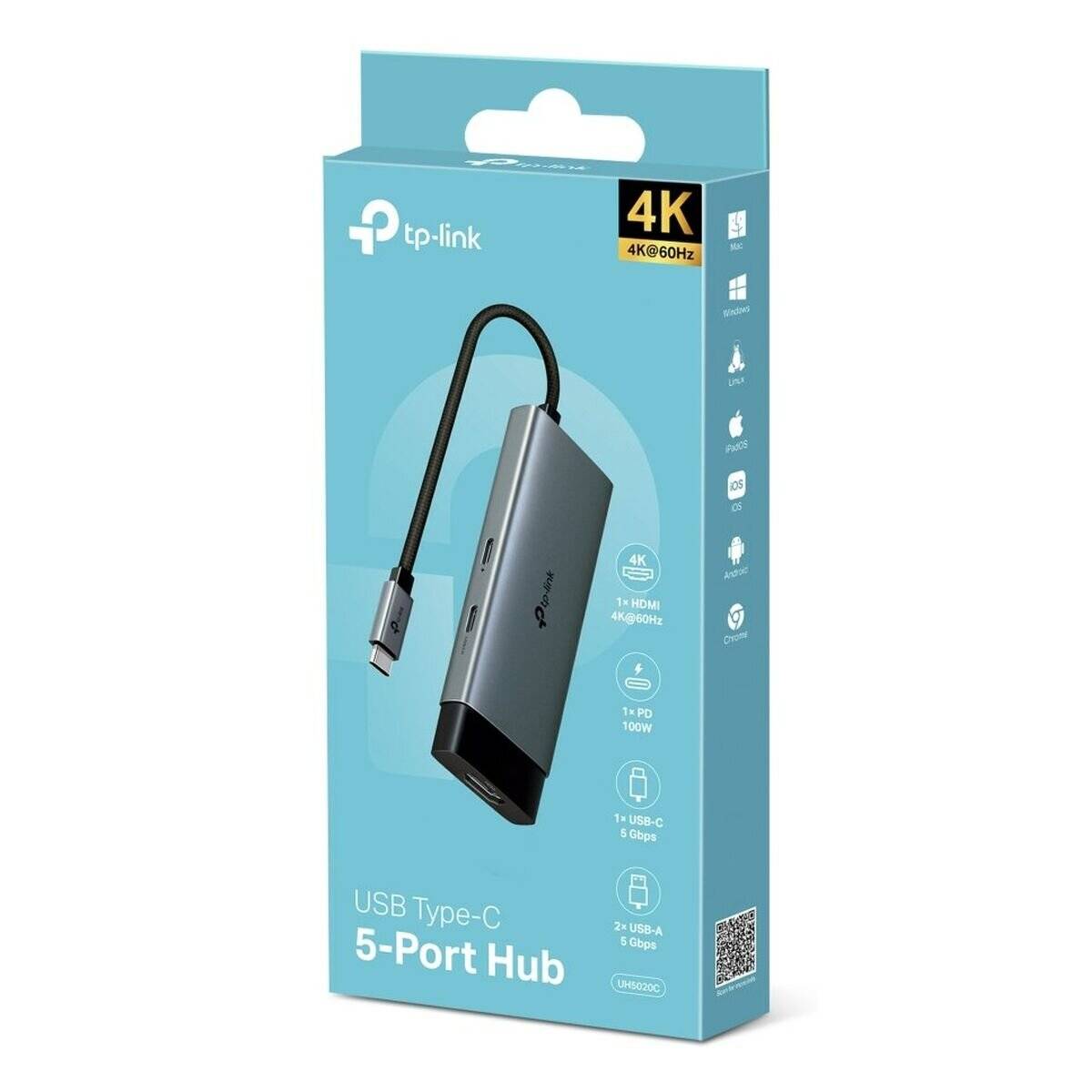 TP-Link USB Typ-C 5-Port Hub-Verpackung mit Produktbild und Funktionen wie 1 PD 100W, 1 HDMI 4K@60Hz, 2 USB-A 5Gbps-Anschlüsse.