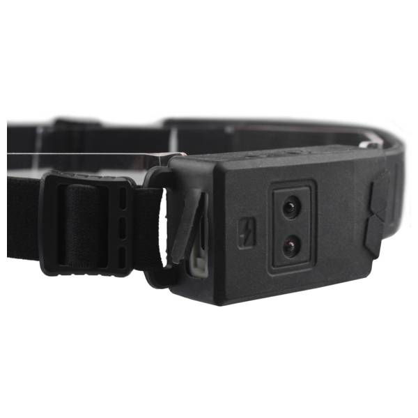 Schwarze verstellbare Stirnlampe mit dualen LED-Glühbirnen und USB-Ladeanschluss, entwickelt für freihändige Beleuchtung in verschiedenen Umgebungen.