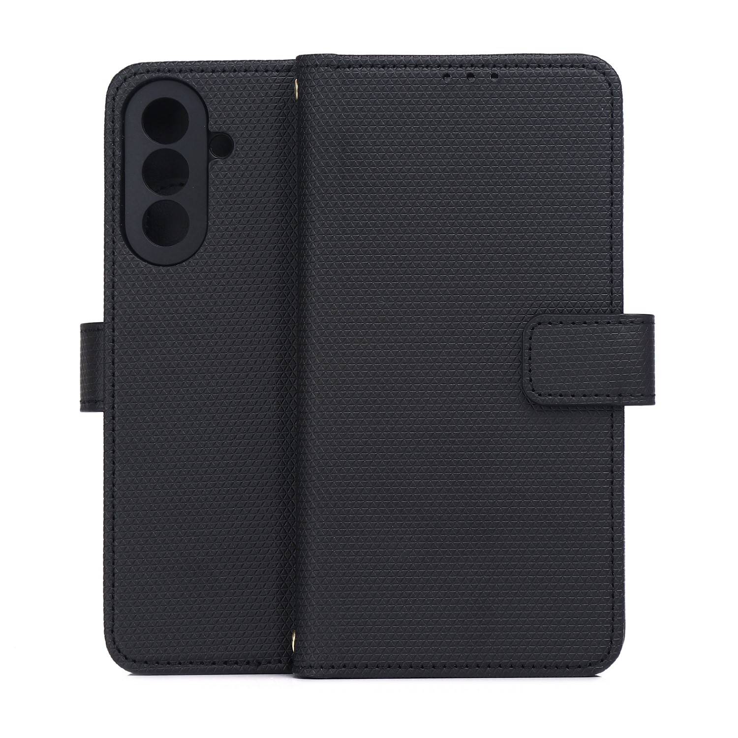 Schwarze Handyhülle mit strukturierter Oberfläche und drei Kameralöchern, mit magnetischem Verschluss zum Verschließen.