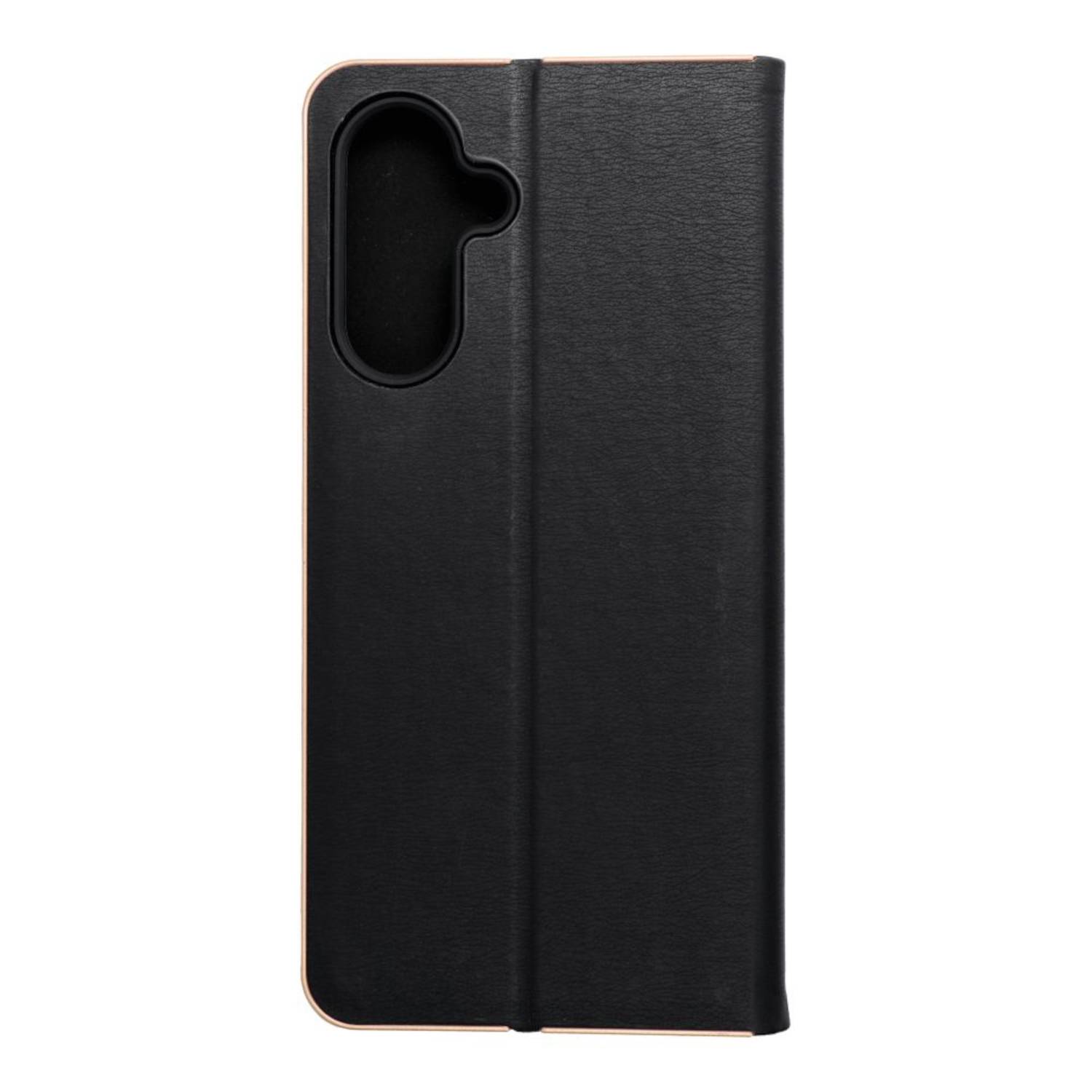 Schwarze Smartphone-Flipcase mit Kameraausschnitt, aus strukturiertem Material gefertigt und zum Schutz des Geräts konzipiert.