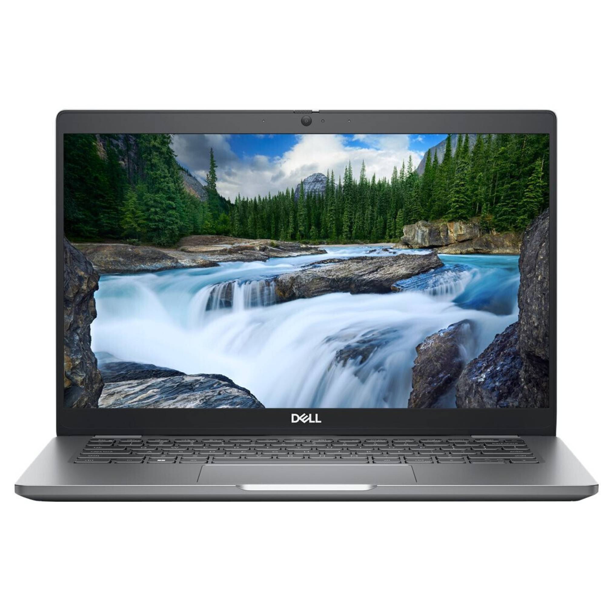 Ein Dell-Laptop zeigt eine ruhige Naturszene mit einem Wasserfall, der durch einen Wald fließt, umgeben von Bäumen und felsigem Gelände.