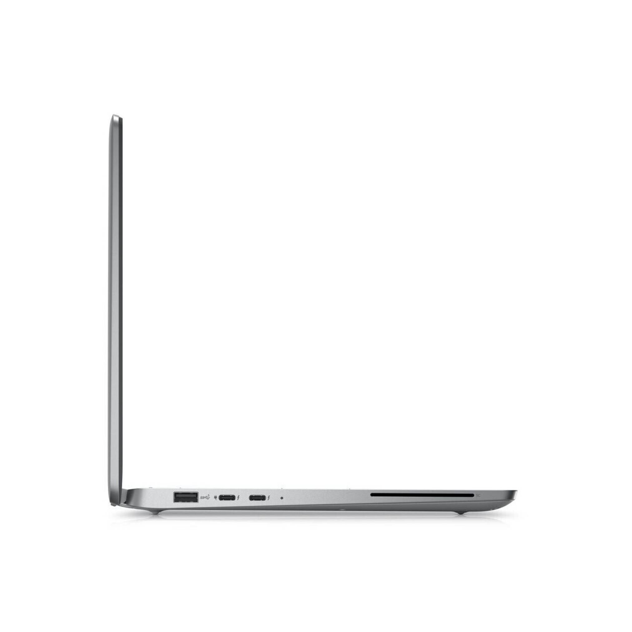 Seitenansicht eines geschlossenen silbernen Laptops, das sein dünnes Profil und die Anschlüsse auf weißem Hintergrund zeigt.