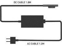 Diagramm eines Stromadapters mit Gleichstromkabel 1,8 m und Wechselstromkabel 1,2 m, das Verbindungen und Längen zeigt.
