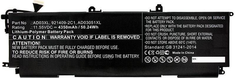 Batteriemodell PAD03051XL, 50,24Wh, Warnung: Etikett nicht entfernen, nur angegebenes Ladegerät verwenden, Verbrennungen vermeiden.