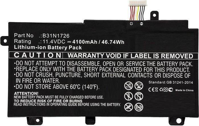 Akku: B31N1726, 11,4V, 4100mAh/46,74Wh. Warnung: Nicht auseinandernehmen oder Feuer aussetzen. Garantie erlischt bei Entfernung des Etiketts.