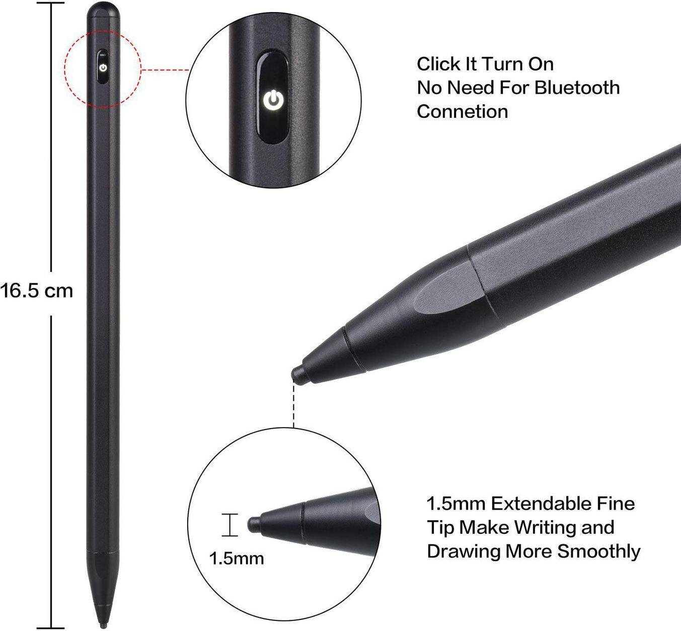 Stift mit Stromschalter; beschriftet mit „Click It Turn On No Need For Bluetooth Connection
