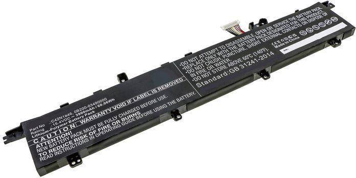 Ein schwarzer rechteckiger Laptop-Akku mit auf seiner Oberfläche gedruckten Sicherheits- und Nutzungswarnungen.