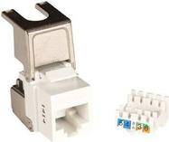 Ein weißer und metallischer Netzwerk-Keystone-Buchsenverbinder neben einem weißen Auflegewerkzeug.