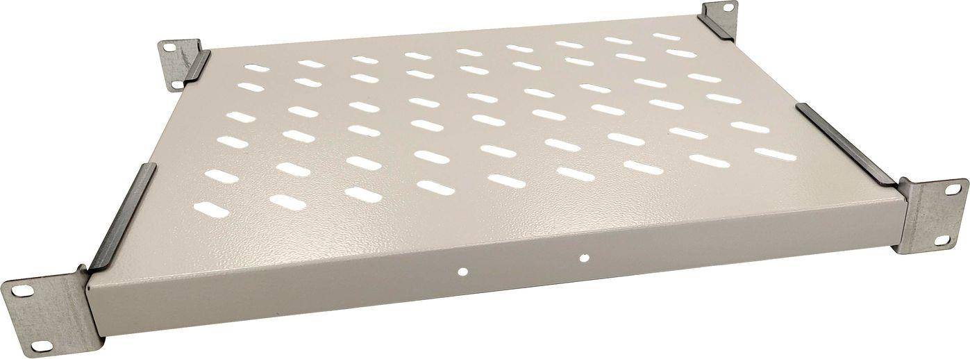 Ein durchlöchertes weißes Regal mit kleinen rechteckigen Löchern und zwei kreisförmigen Befestigungslöchern an der Seite. Geeignet für Belüftung oder Entwässerung.