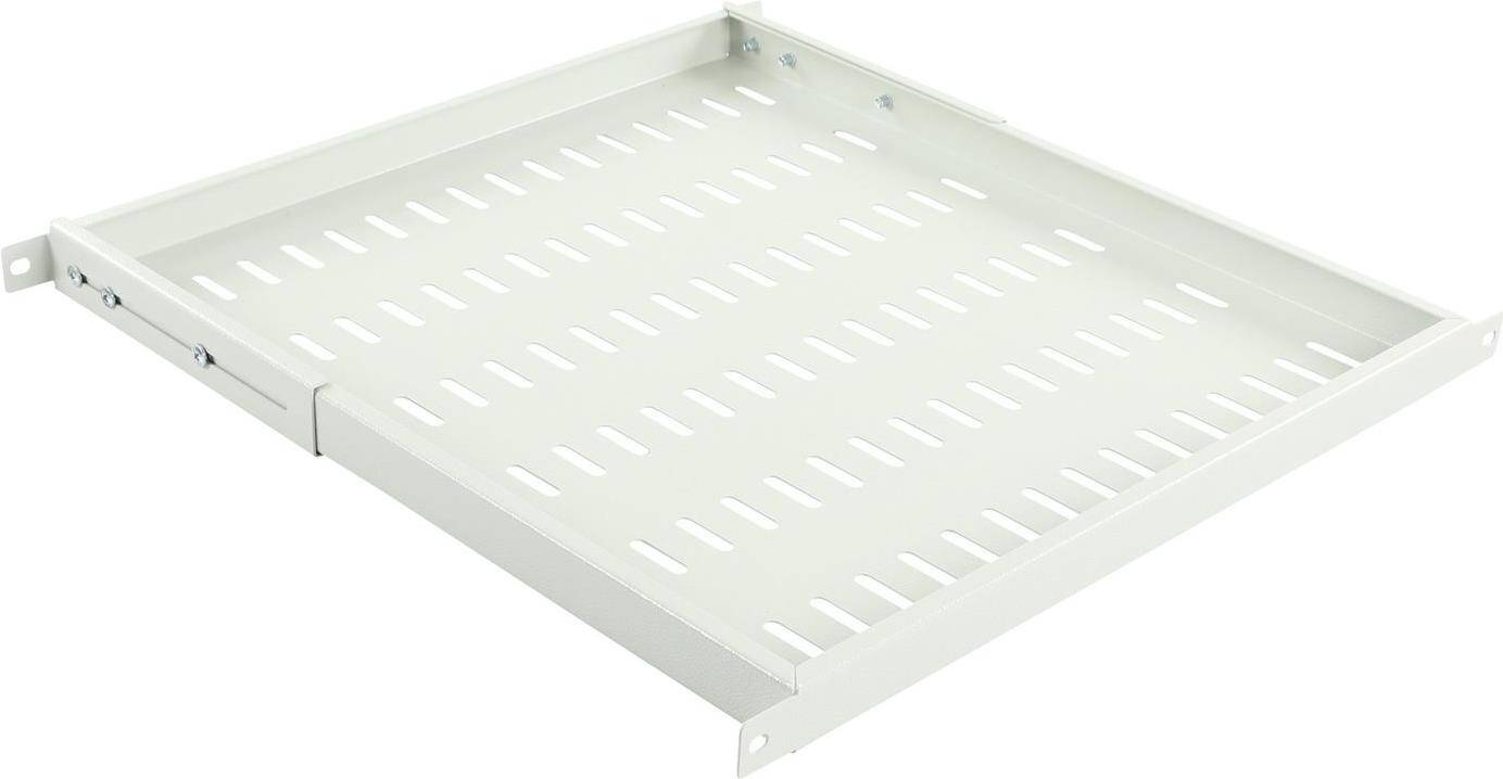 Ein weißes perforiertes Metallregal, von oben betrachtet, mit geschlitzten Belüftungslöchern und einem minimalistischen Design, das sich für die Lagerung eignet.