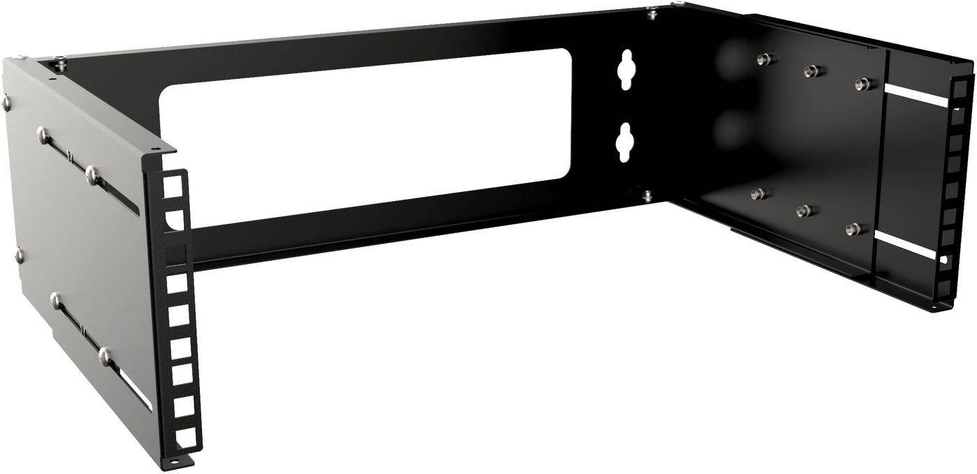 Schwarze Metallhalterung mit zwei Schraubenlöchern auf der rechten Seite, entwickelt zur Befestigung von elektronischen oder Computergeräten in einem Rack.