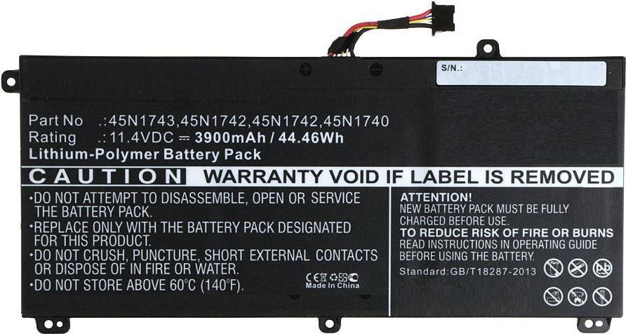 Batterieetikett zeigt Modellnummern 743, 743N und weitere an; Kapazität 3900mAh/44,46Wh; Spannung 11,4V. Warnungen vor Missbrauch und Entsorgung.