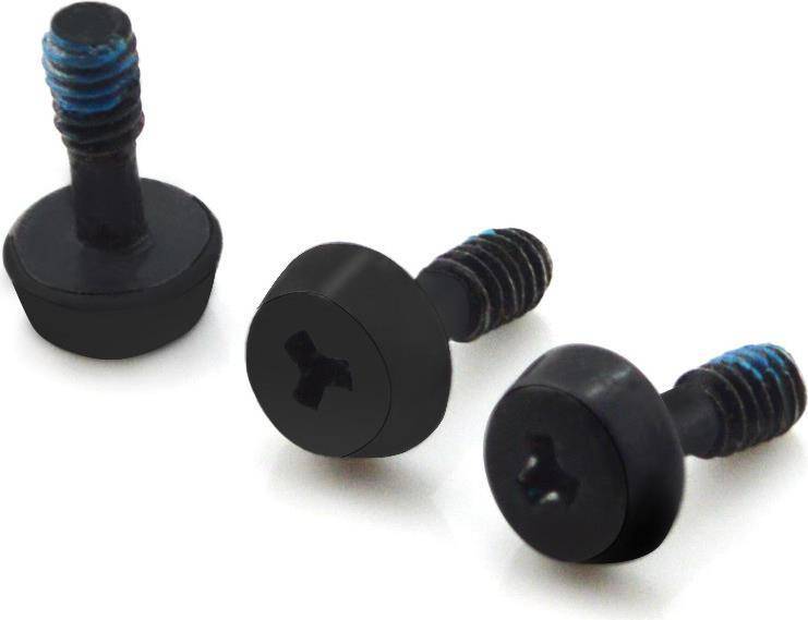 Drei schwarze Schrauben mit blauem Gewindesicherungsmittel auf ihren Spitzen, von verschiedenen Winkeln gezeigt und ihre Phillips-Köpfe hervorhebend.