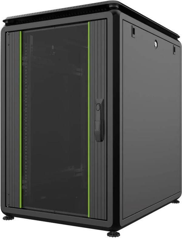 Ein schwarzes Servergestell mit einer transparenten Tür mit grünem Rahmen, das interne Montageschienen zeigt und zum Beherbergen elektronischer Geräte verwendet wird.