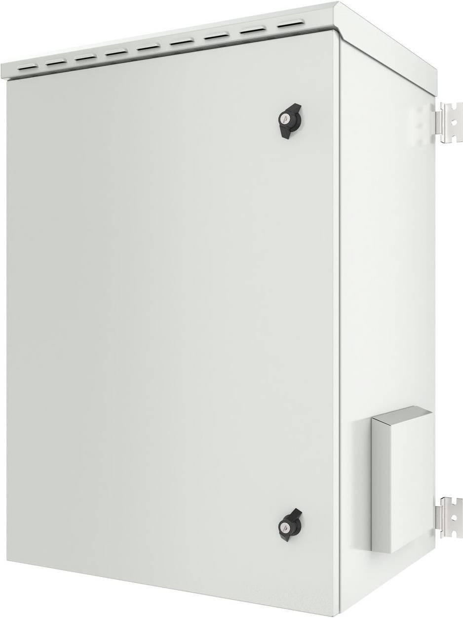 Ein großer weißer Metallschrank mit zwei schwarzen Verschlüssen an der Seite, teilweise sichtbares Scharnier und Montageklammer gegen einen weißen Hintergrund.