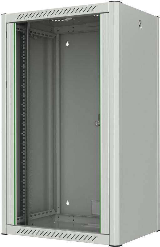 Ein offener, leerer grauer Schrank mit Metallrahmen und Löchern für verstellbare Regale, mit einer feinen grünen Umrandung an den Kanten.