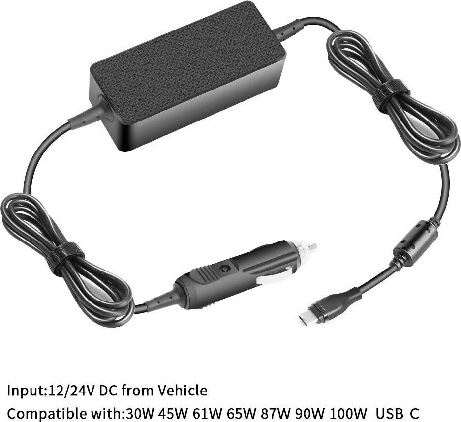 Ein schwarzer Netzteil mit mehreren Steckertypen, einschließlich eines USB-C-Anschlusses. Der Text zeigt Kompatibilität mit verschiedenen Leistungen und einem 12/24V Gleichstrom-Eingang.