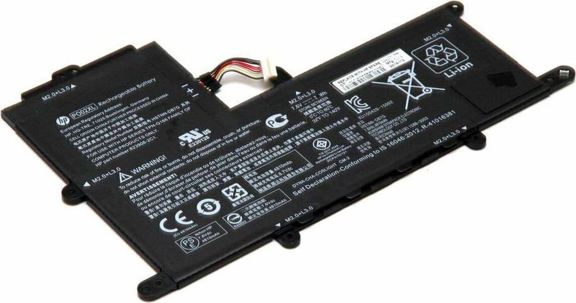 Eine schwarze Lithium-Ionen-Laptopbatterie mit verschiedenen Zertifizierungslogos, Warnsymbolen und Produktspezifikationen.